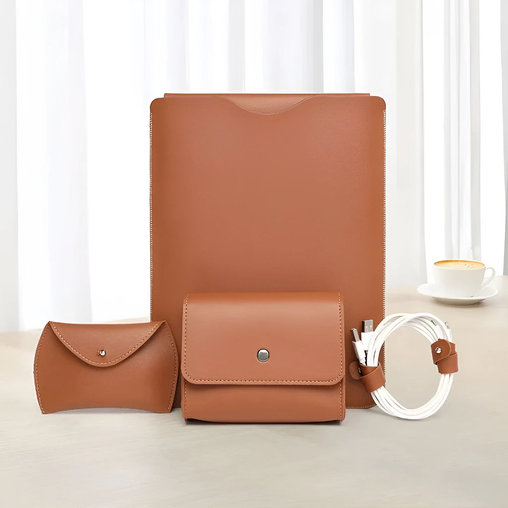 Set of four imitation leather lock-edge corner protectors for MacBook laptops in apricot colour.
