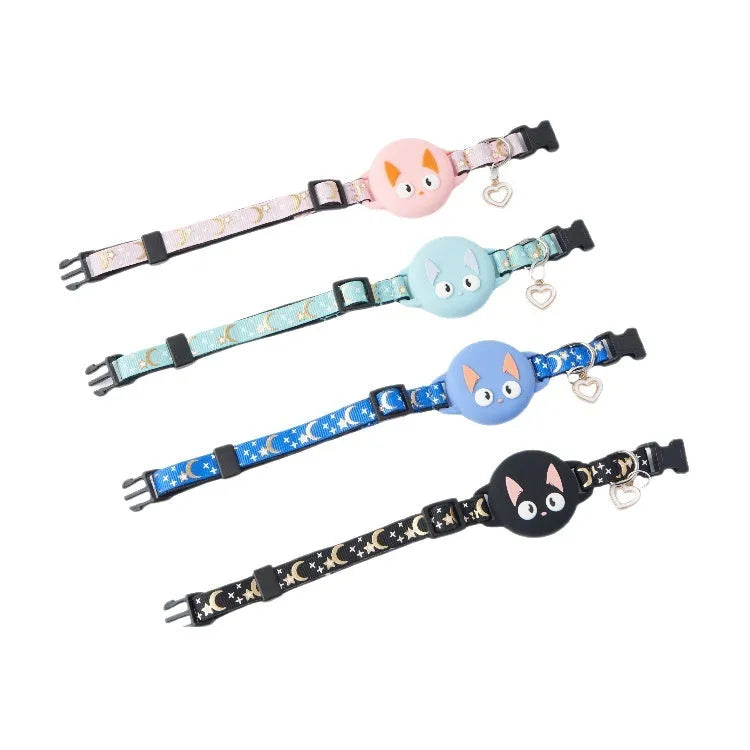 Plastic Apple AirTag protective case for cat collars in pink, blue, light green, and black colours with adjustable band.
