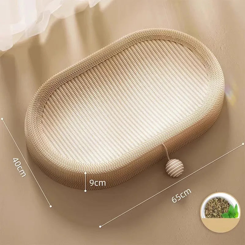 Large rectangular sisal cat scratching board with a flat lounge bed on top, shown in an adorable design.