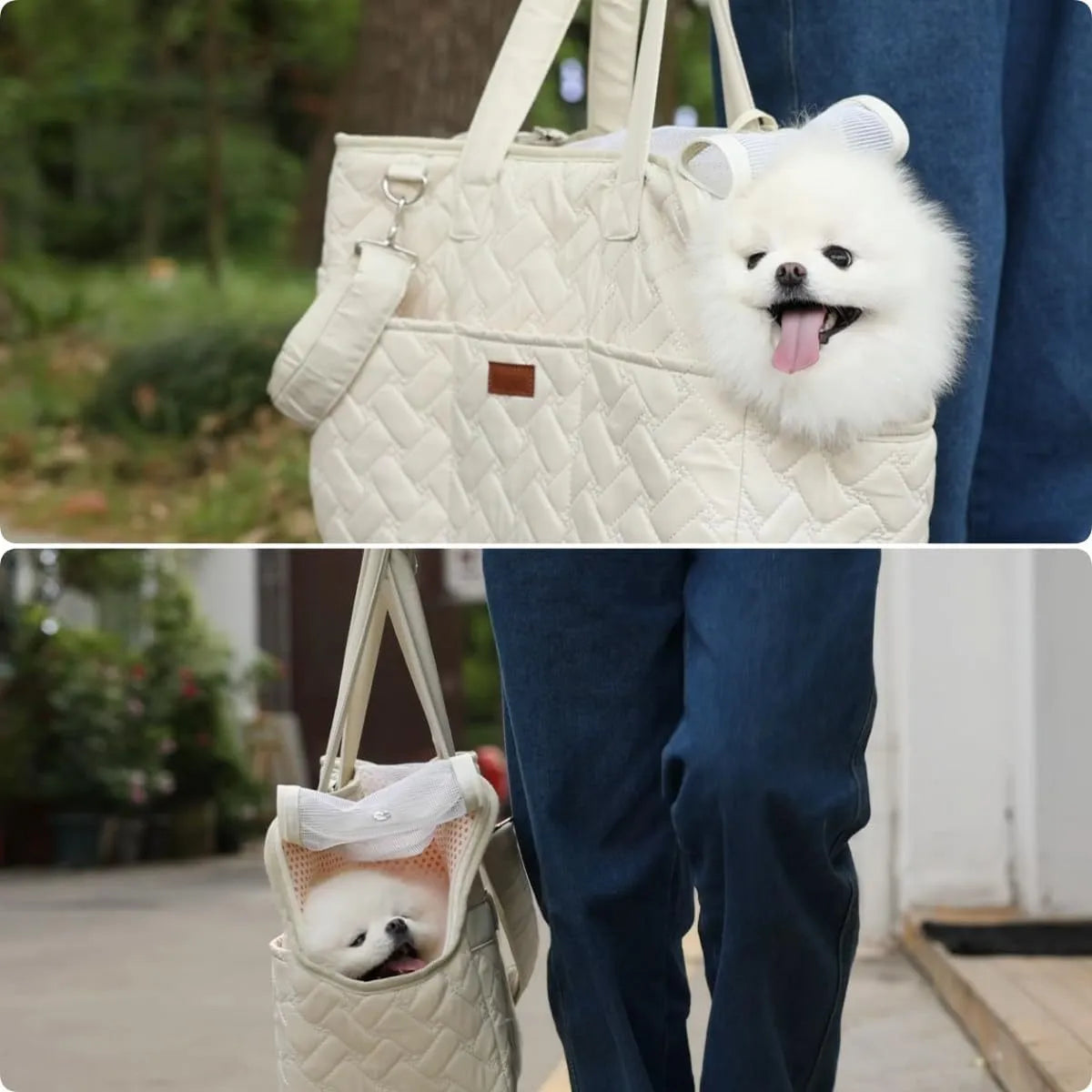 Grey handbag-style pet carrier with mesh panels and a safety leash for cats and small dogs.