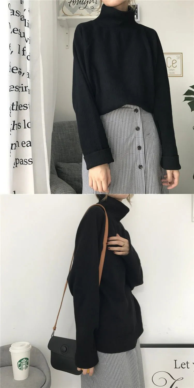 Women's solid colour loose-fit long sleeve top with a half-high collar in white, apricot, or black.