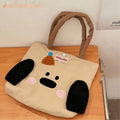 Cartoon printed canvas shoulder bag showing 30x36x24cm dimensions and animal pattern options