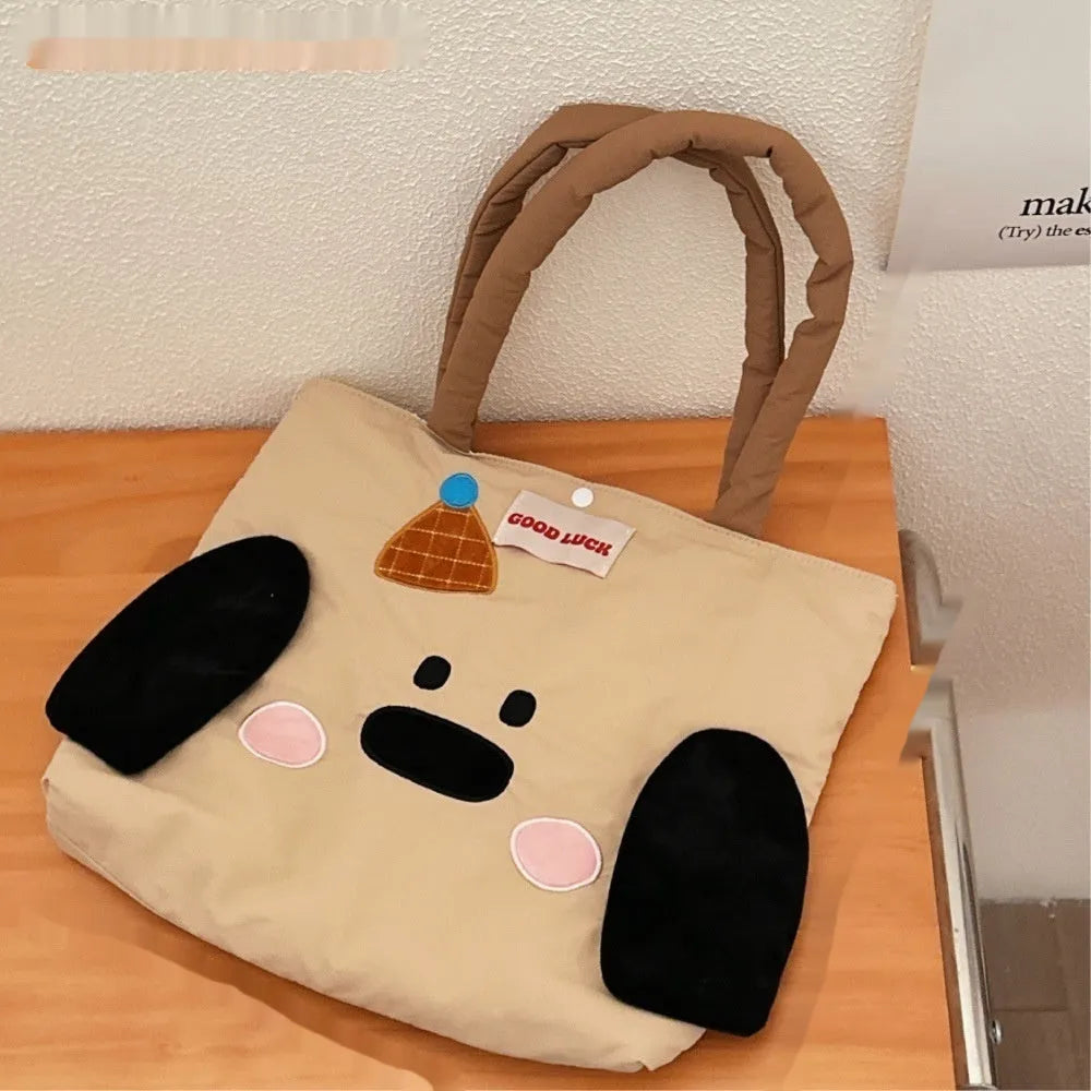Cartoon printed canvas shoulder bag showing 30x36x24cm dimensions and animal pattern options