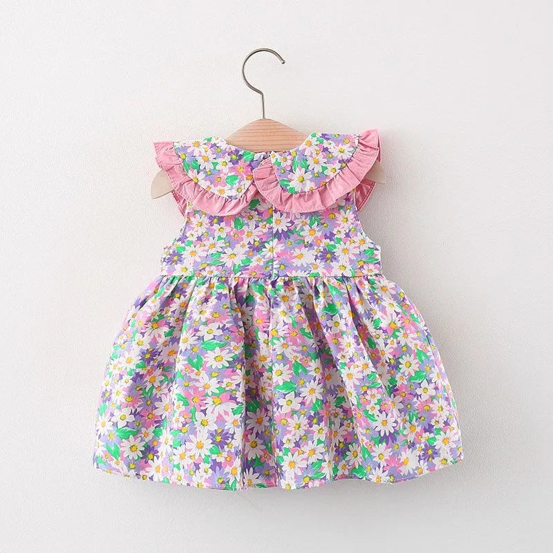 Baby girl summer cotton dress with flower print and lace, in green, pink, yellow; includes messenger bag