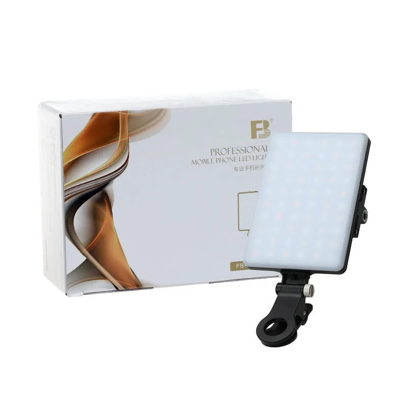 Compact white mobile phone fill light with adjustable head and mounting clips for video calls