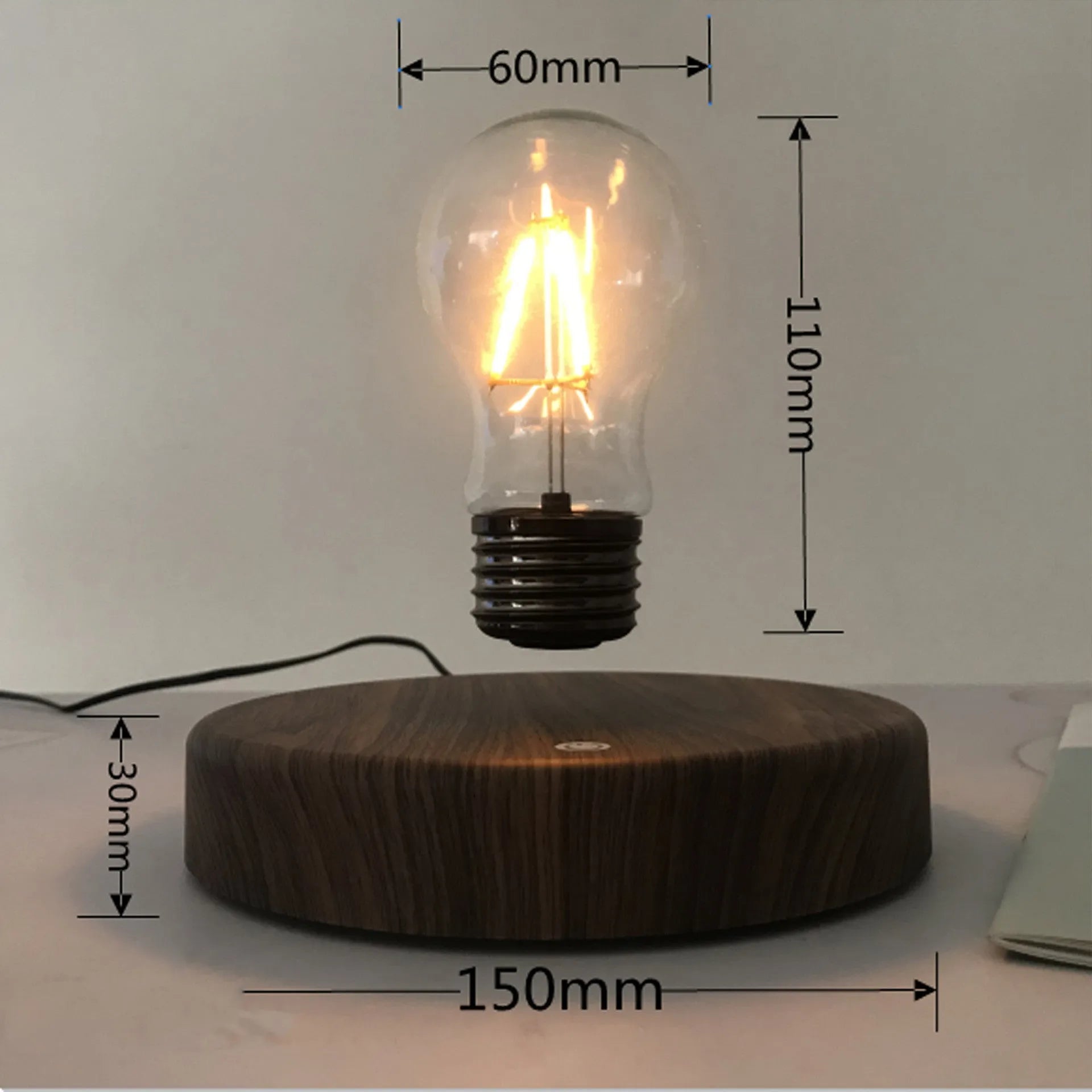 Magnetic levitation bulb night light with floating illumination and solid wood colour finish