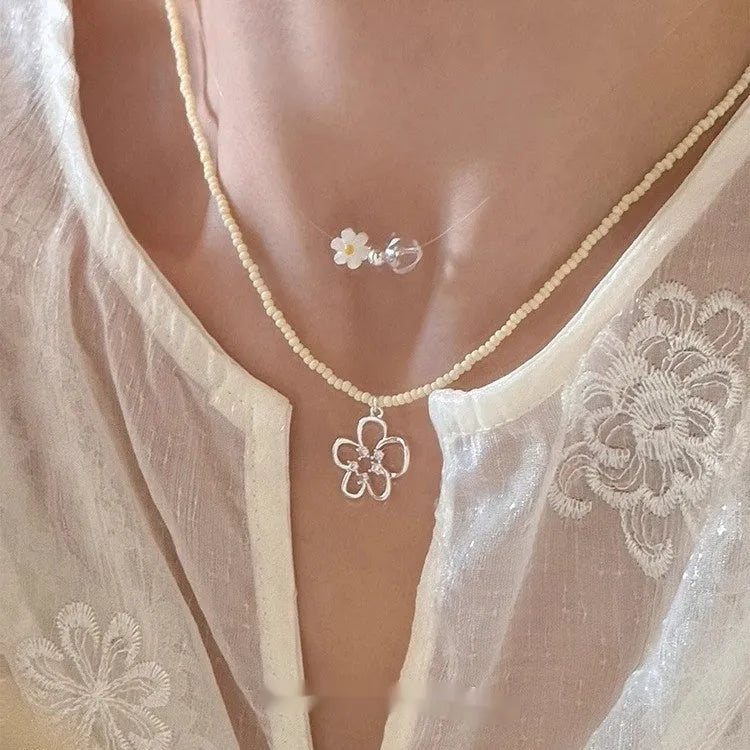 Women's Korean style copper necklace with colourful beaded hollow flower pendant