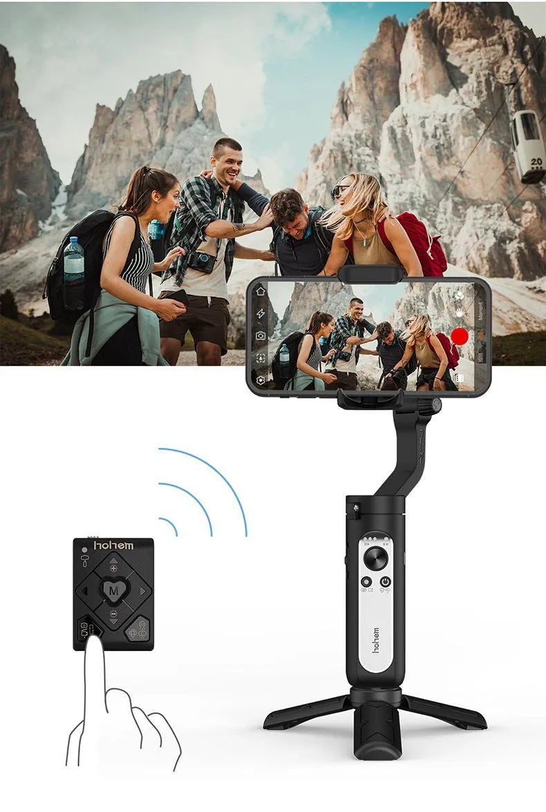 Black or white 3‑axle foldable phone stabiliser showing compact 179mm size and USB port.
