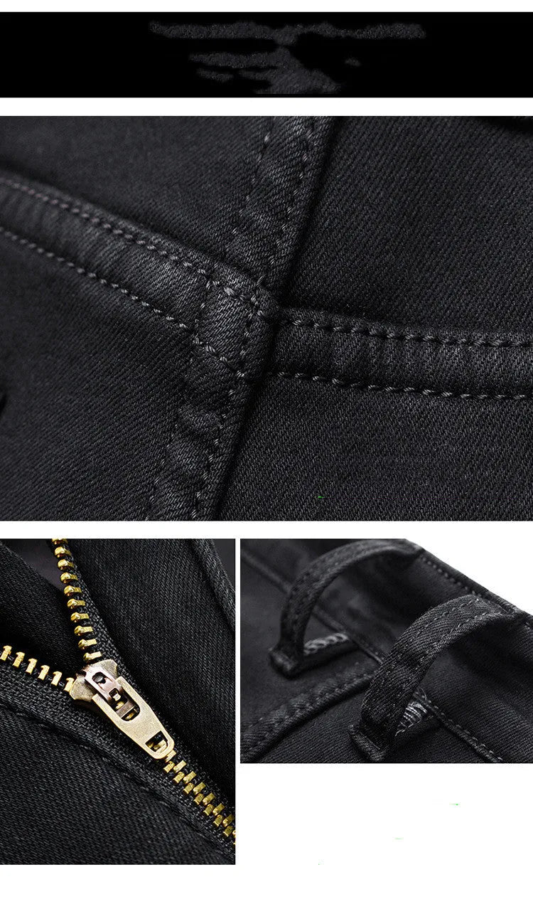 Men's slim straight black jeans made of cotton denim, flat lay