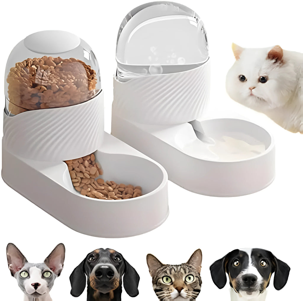 White automatic gravity cat feeder and water dispenser set with wave design.