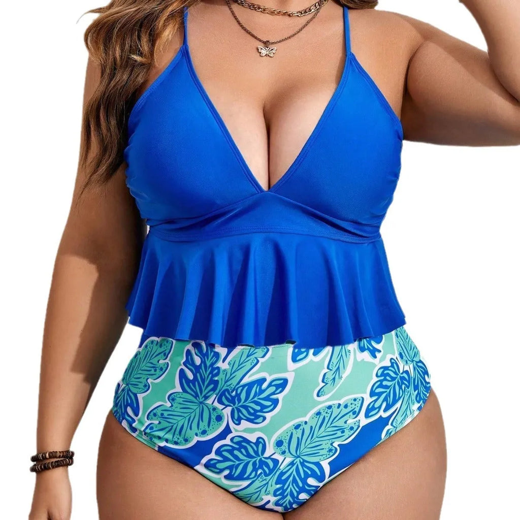 Blue women's bikini swimsuit set with a top and briefs-style shorts on a mannequin.