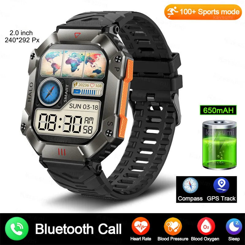 Android GPS smart watch with Bluetooth call on wrist, showing resin dial and titanium alloy case with optional leather strap.