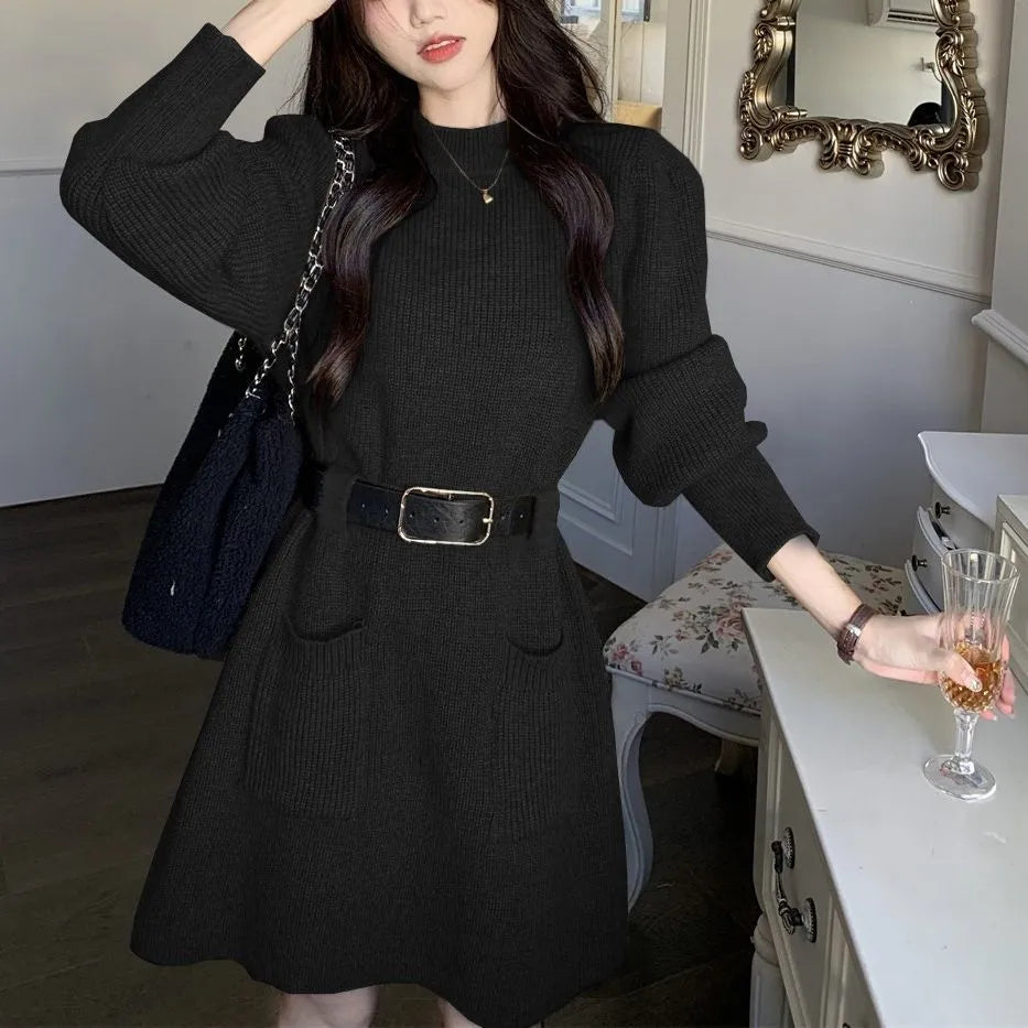 Women's loose knitted base dress with long sleeves and high waist, shown with coordinating black belt
