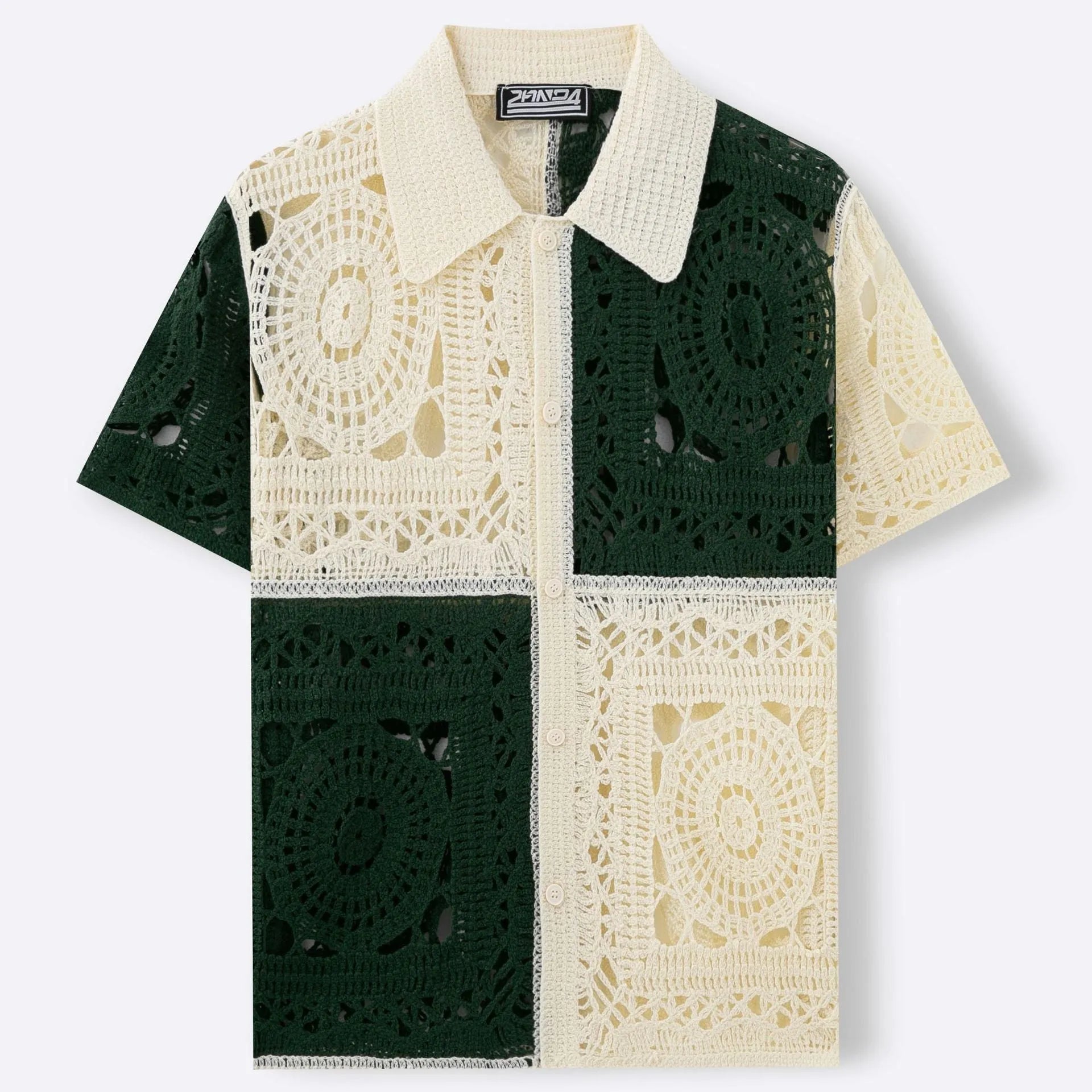 Beige colourblock men's short sleeve knitwear shirt on a hanger showing flocking detail and regular fit.