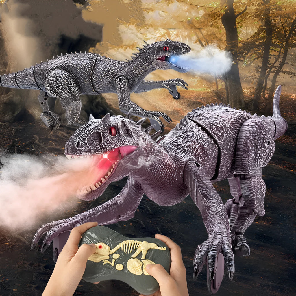 Simulated dinosaur model toy in grey with remote control, 3D eyeballs, and body swing features