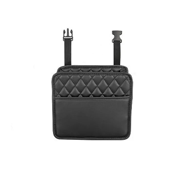Black leather hanging storage bag attached to a car seat headrest.