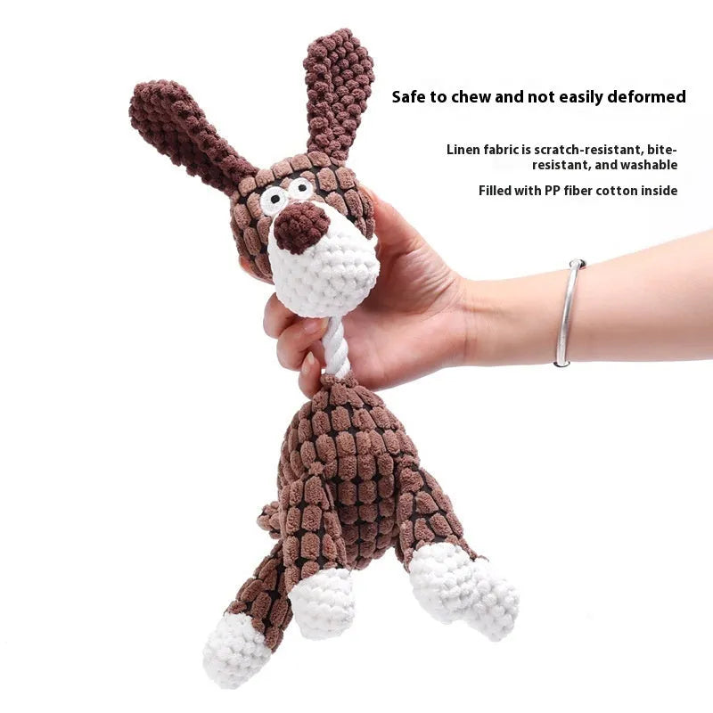 Bite-resistant plush puppy toy in donkey, rechargeable duck, and elephant styles on a neutral background.