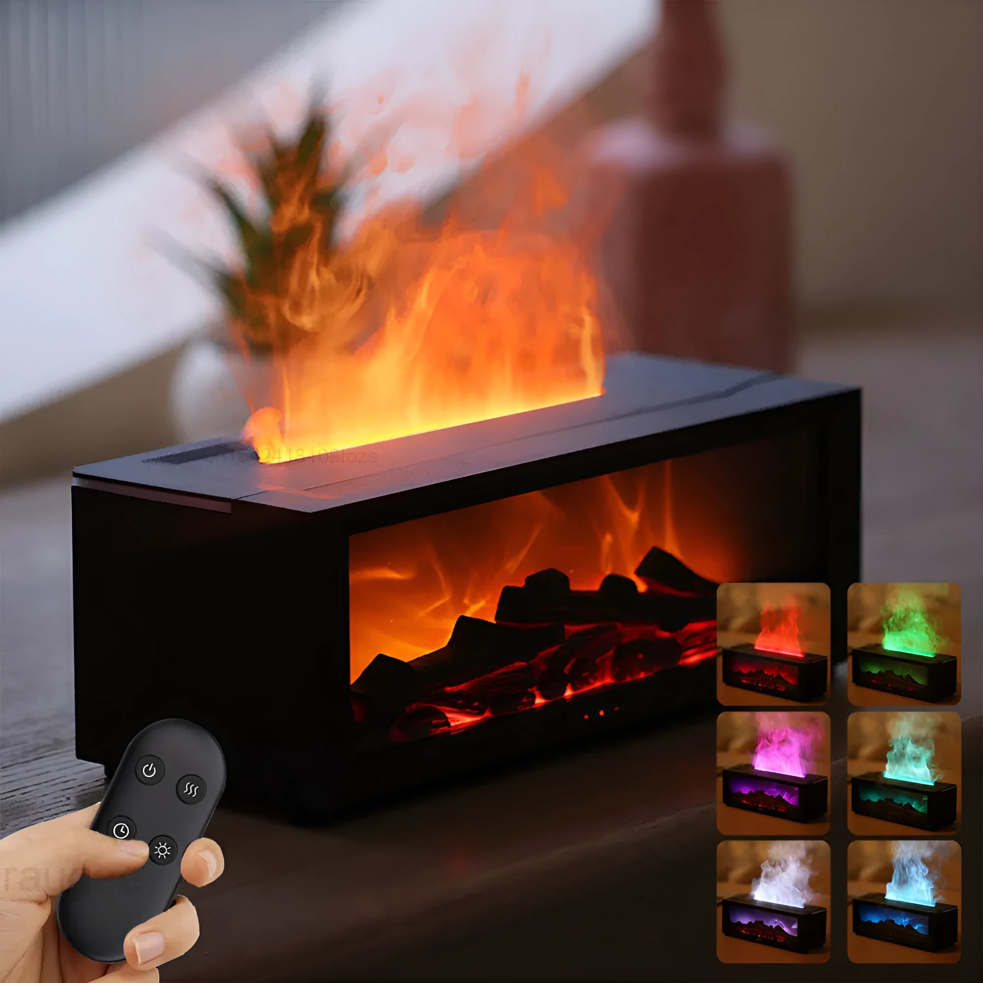 Square desktop flame aromatherapy machine with 3D flame effect and 7 colour LED lighting