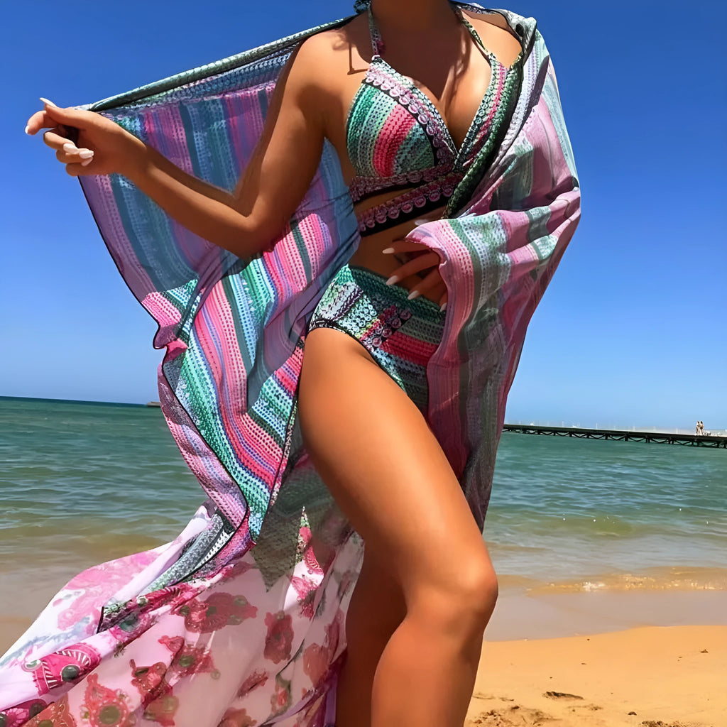 Women's three-piece bikini swimsuit with cross bandage bra and high-waist veiled briefs in blue colour
