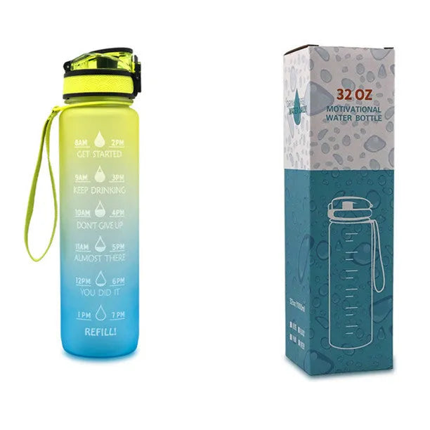 Blue and red gradient 1 litre Tritan sports water bottle with time markers and a black flip-top lid.
