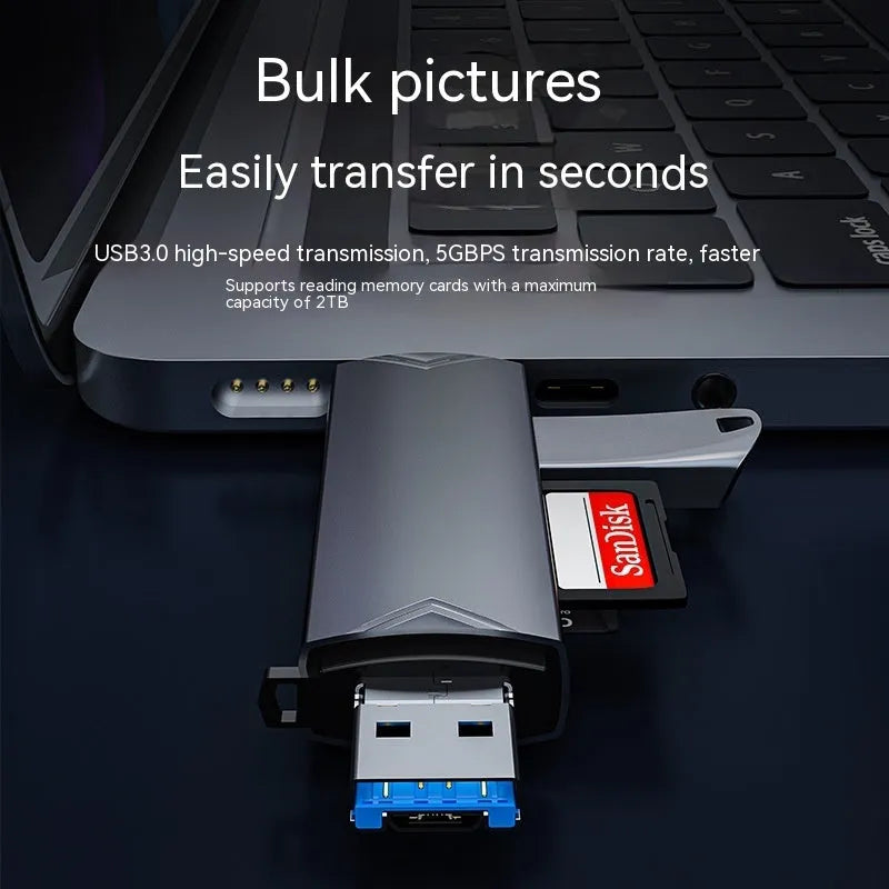 Aluminium alloy multi-functional card reader with SD and TF slots, USB Type-C and Micro interfaces, grey or silver