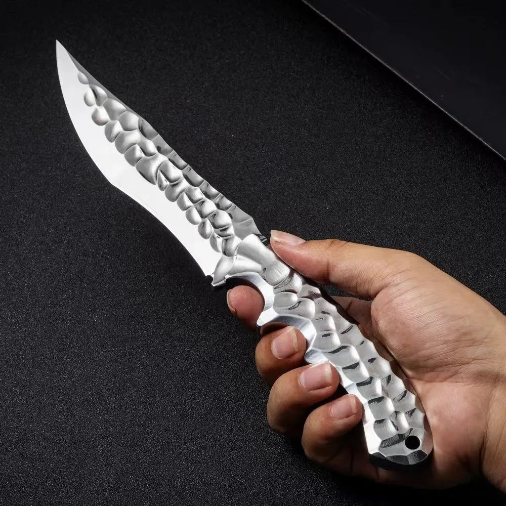 One-piece keel outdoor survival knife with 260mm full length, 140mm 5CR13 steel blade, and leather or K sheath