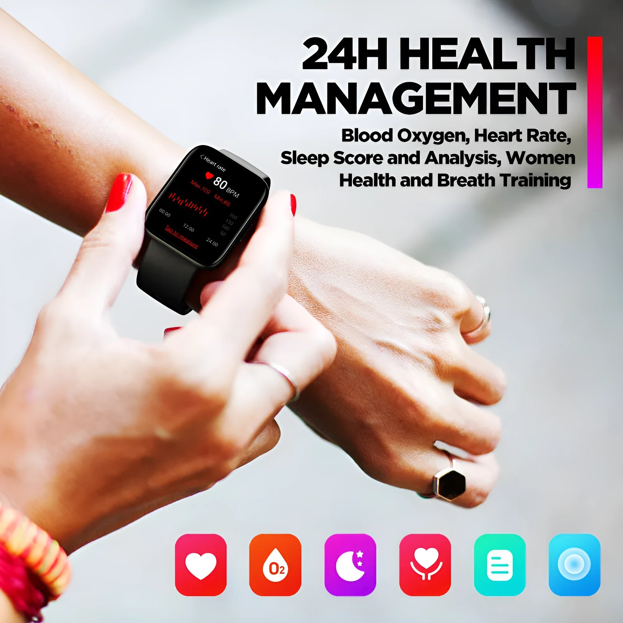 Black GPS sports smart watch with 1.78 inch LCD display and rubber strap for Android health tracking