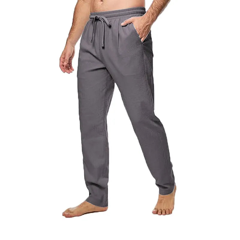 Men's cotton and linen loose straight trousers in khaki with drawstring waist and belt