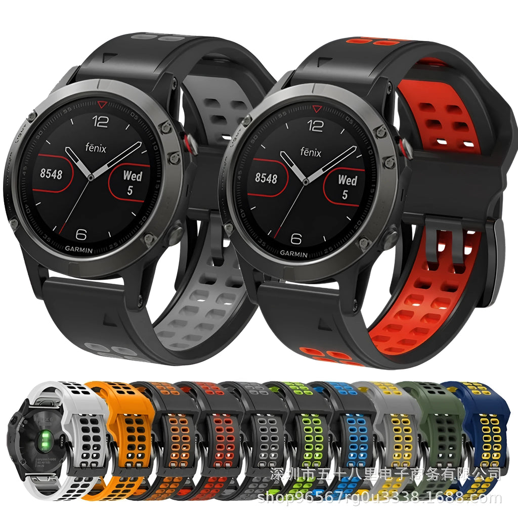 Quick release two-tone silicone sports watch strap showing pin buckle and ventilation holes.