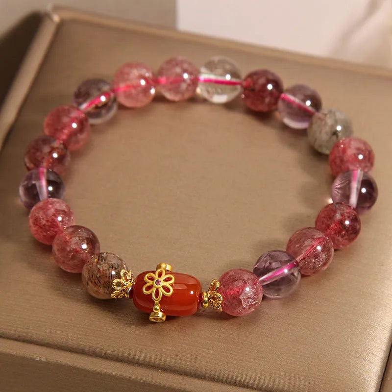 Natural Super Seven Crystal bracelet for women showing White Crystal and Red Agate in a cartoon style.