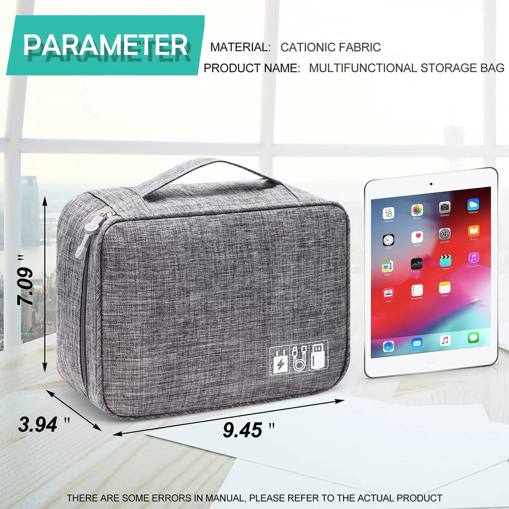 Black electronics organizer travel cable bag with removable dividers, mesh pockets, and a top handle