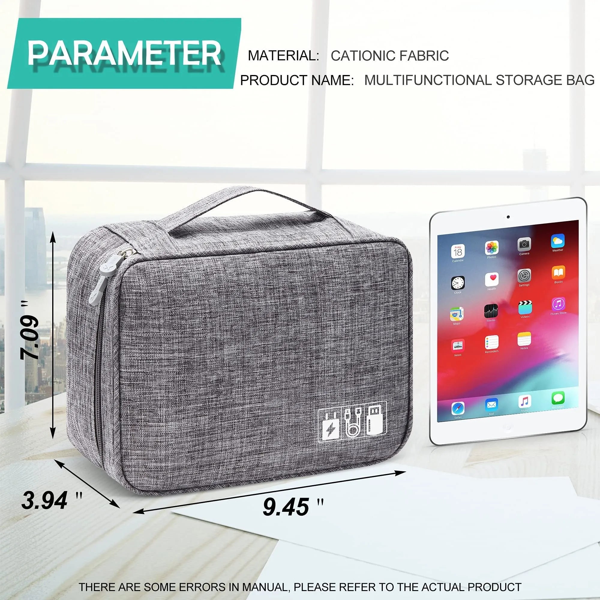 Black electronics organizer travel cable bag with removable dividers, mesh pockets, and a top handle