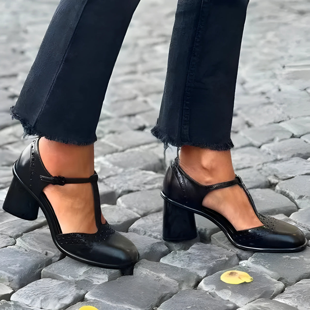 Black PU women's high heel pumps with chunky heel, T-shaped buckle, round toe and hollow detail, sizes 34-43