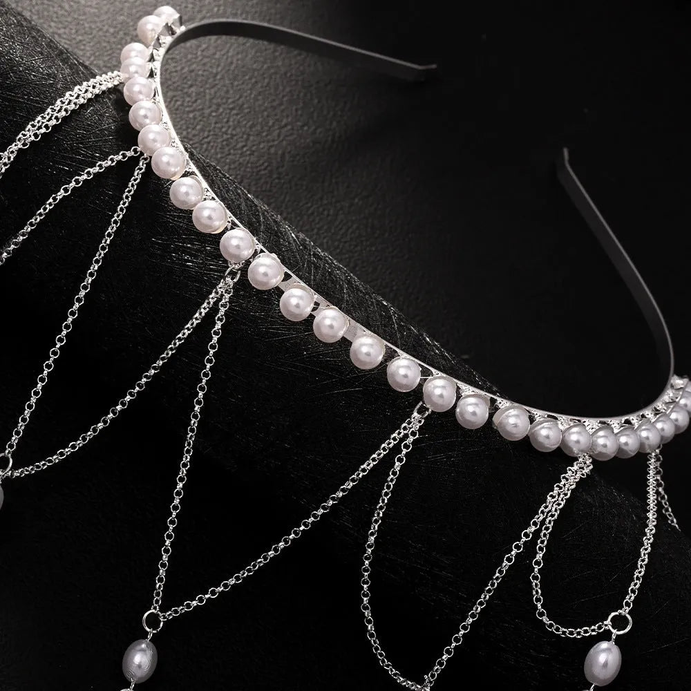 Pearl mesh tassel hair chain for women in gold or silver electroplated finish