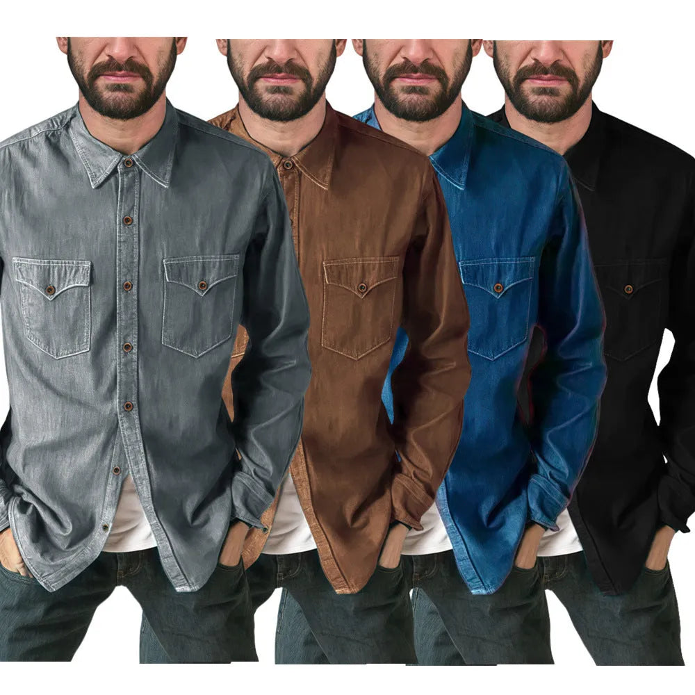 A man's regular fit denim cardigan coat in a khaki colour, shown on a hanger.