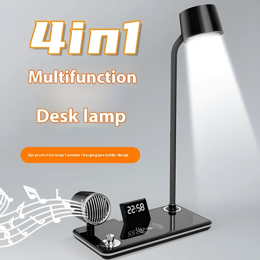 Black and white wireless charging desk lamp with digital clock display and USB power connection