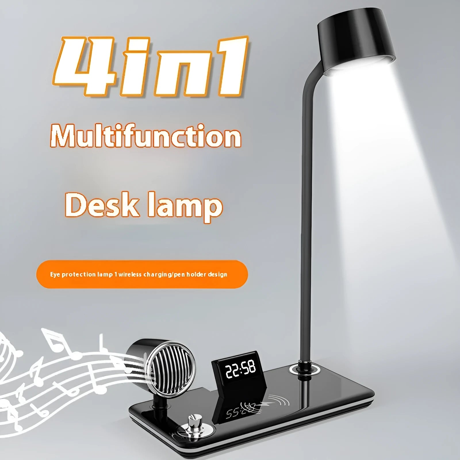 Black and white wireless charging desk lamp with digital clock display and USB power connection