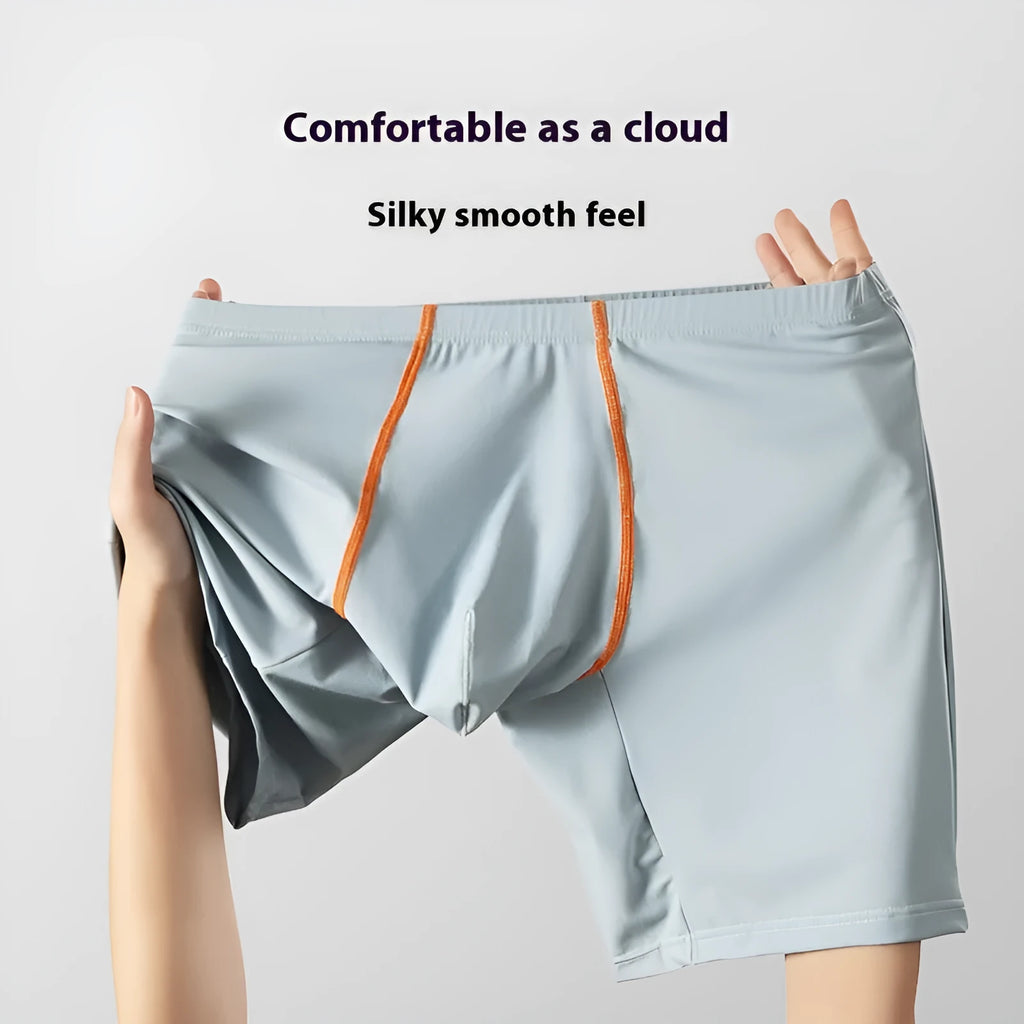 Men's ice silk boxers in multiple colours showing mid-waist fit and U-convex pouch design.