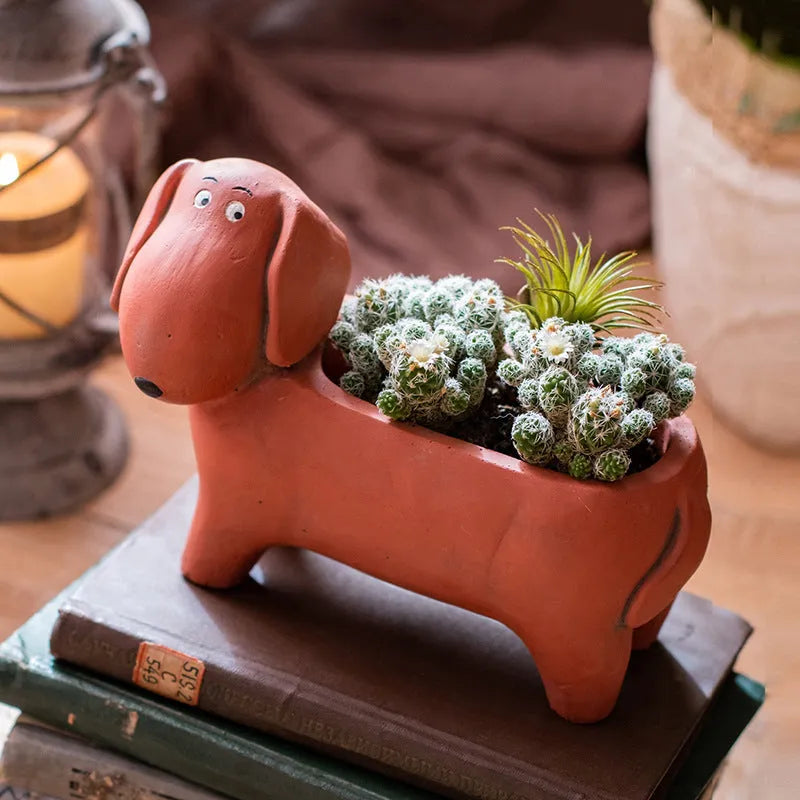 Cement sausage dog flower pot medium floor planter 15x20.5x10cm with drainage hole