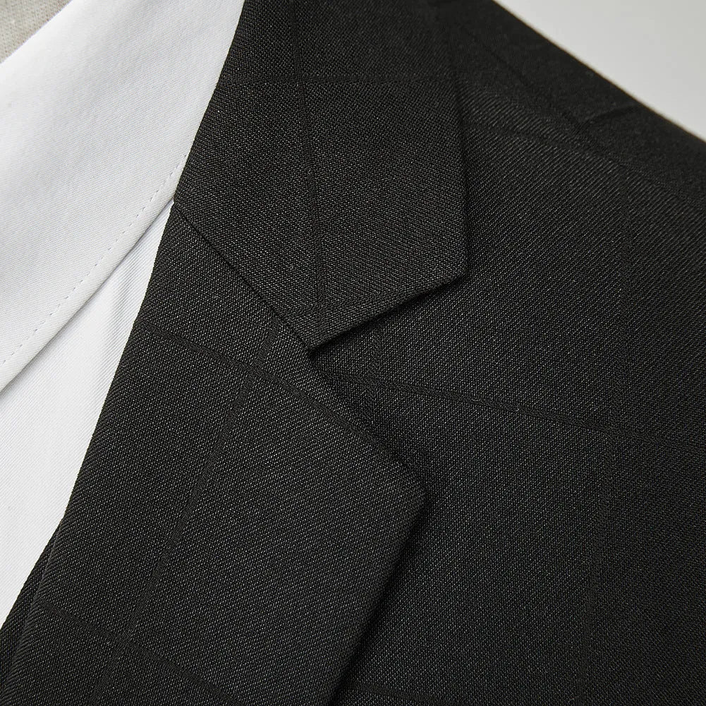 Men's slim fit plaid three-piece suit in navy blue with jacket, vest, and trousers