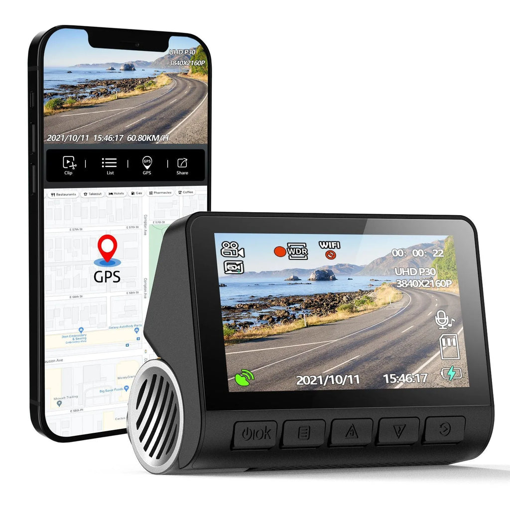 V55 4K UHD night vision car camera dash cam with double lens and front windshield mount in black