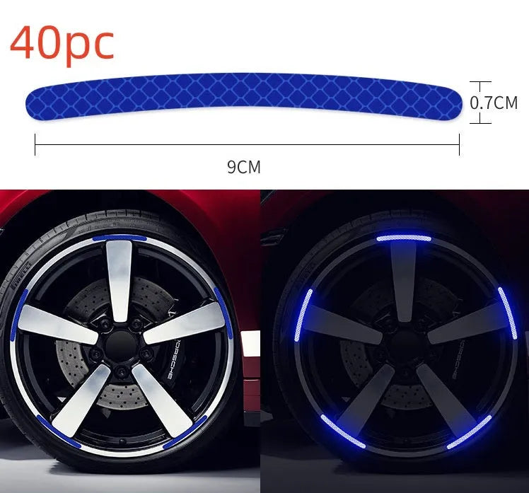Pack of 20 arc-shaped PVC reflective stickers for car wheel hubs in multiple colour options