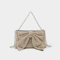 Crystal rhinestone bow crossbody bag with single shoulder chain strap in silver, AB colour silver, black, light gold, or pink.