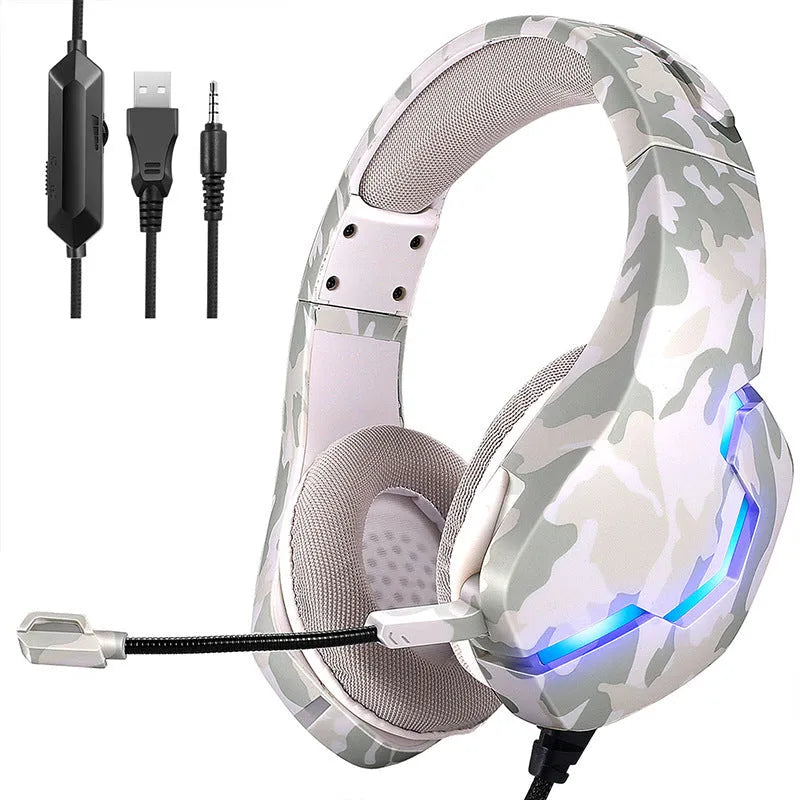 Eat Chicken wired gaming headset with microphone in camouflage blue, showing 3.5mm plug and braided cable.