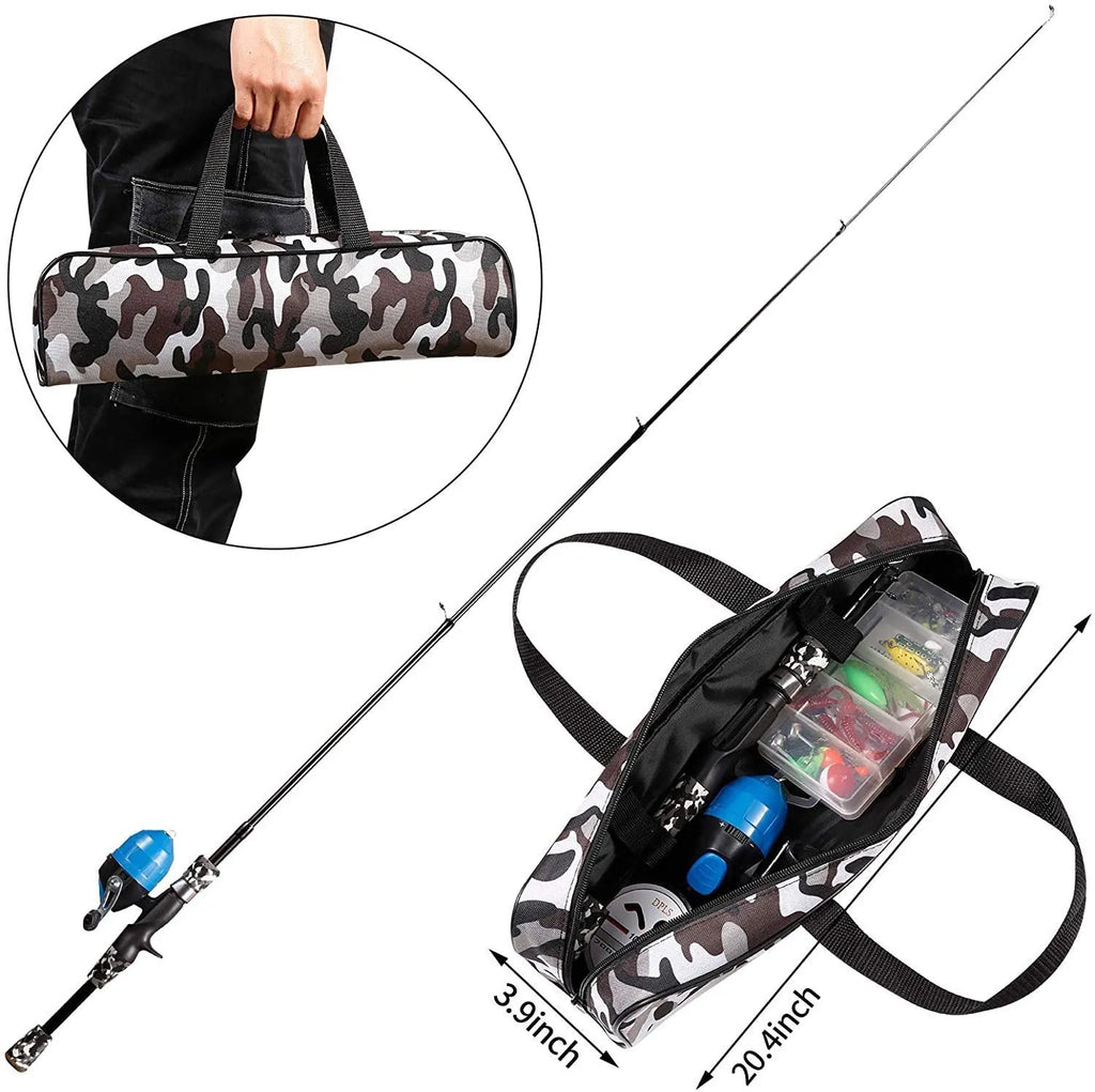 Blue children's telescopic carbon fishing rod with EVA grip and reel kit in carry bag