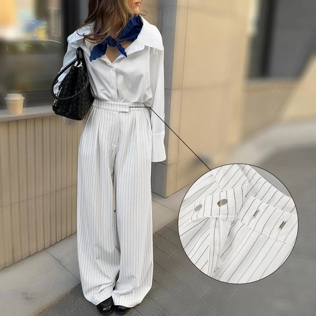 White striped loose wide-leg trousers with front zipper closure for commuting and workwear