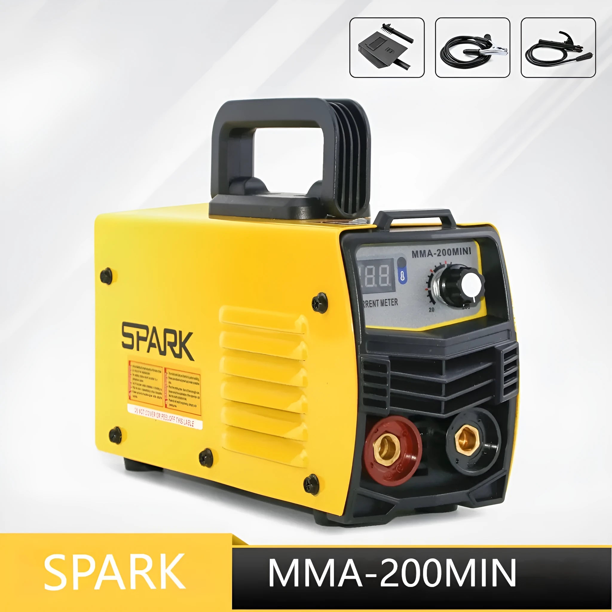 MMA-200MIN 220V portable DC inverter welding machine with face shield and accessories on a workbench.