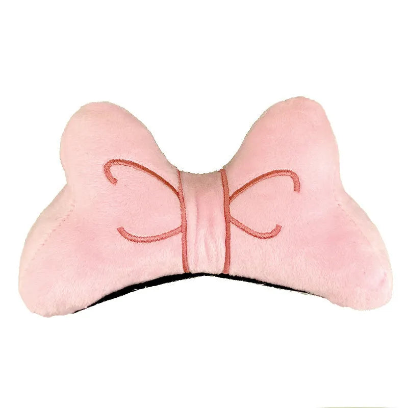 Soft plush bow tie helmet decoration in red, peach pink, and rose pink for motorcycle and ski helmets.