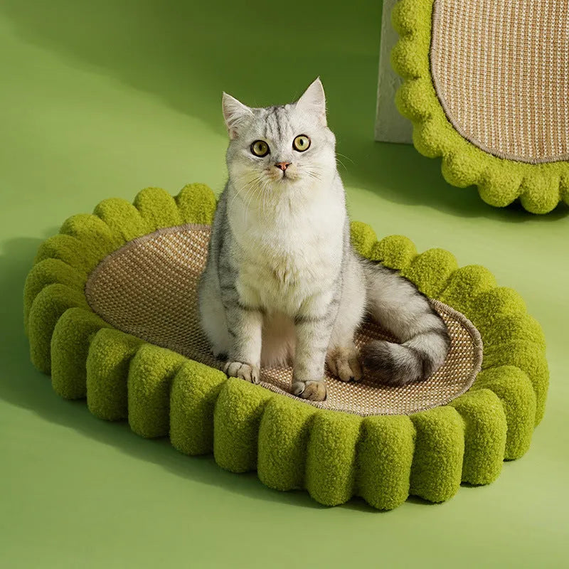 Green oval sisal cat scratch pad bowl serving as a cat bed and scratcher.