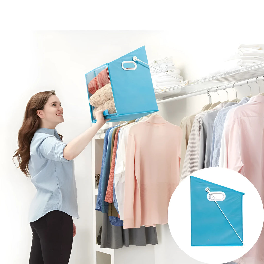 Blue folding detachable storage basket with clear front panel, shown on a shelf.